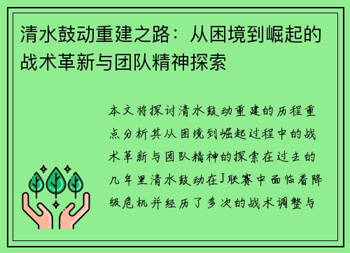 清水鼓动重建之路：从困境到崛起的战术革新与团队精神探索