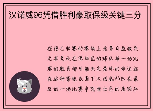汉诺威96凭借胜利豪取保级关键三分